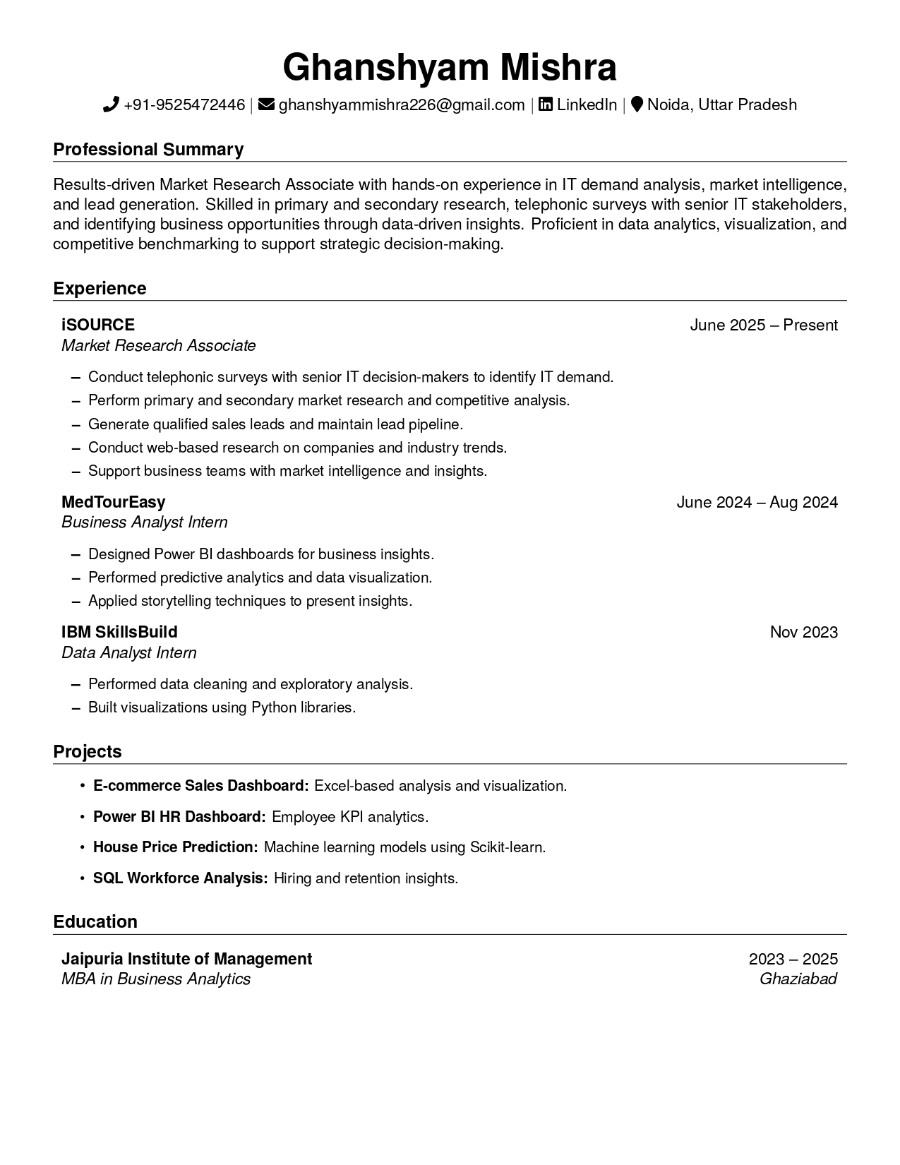 Mishra Growth Solution ATS Resume Sample